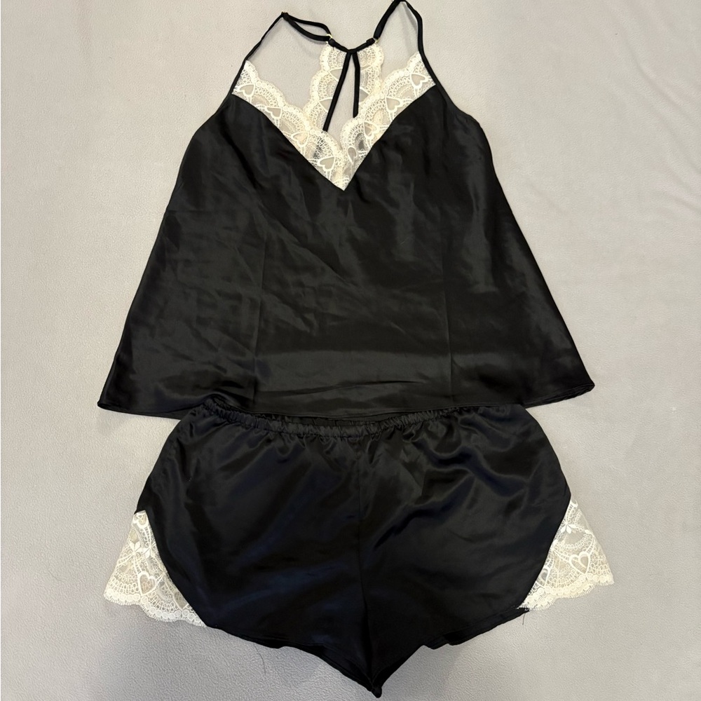 Black Satin Lace-Trim Pajama Set - Women's Camisole & Shorts